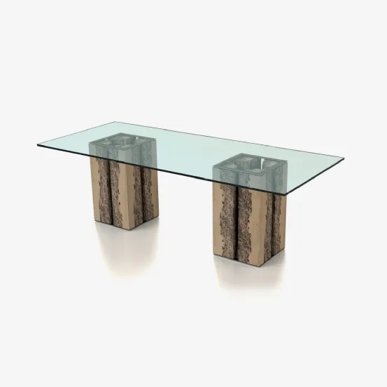 Tavolo Versa Table con top in vetro extrachiaro e gambe in legno massello di Briccola di Riva1920