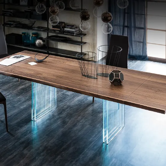 Tavolo con base in cristallo specchiato e piano in legno e ceramica Atrium Ker-Wood Round di Cattelan Italia
