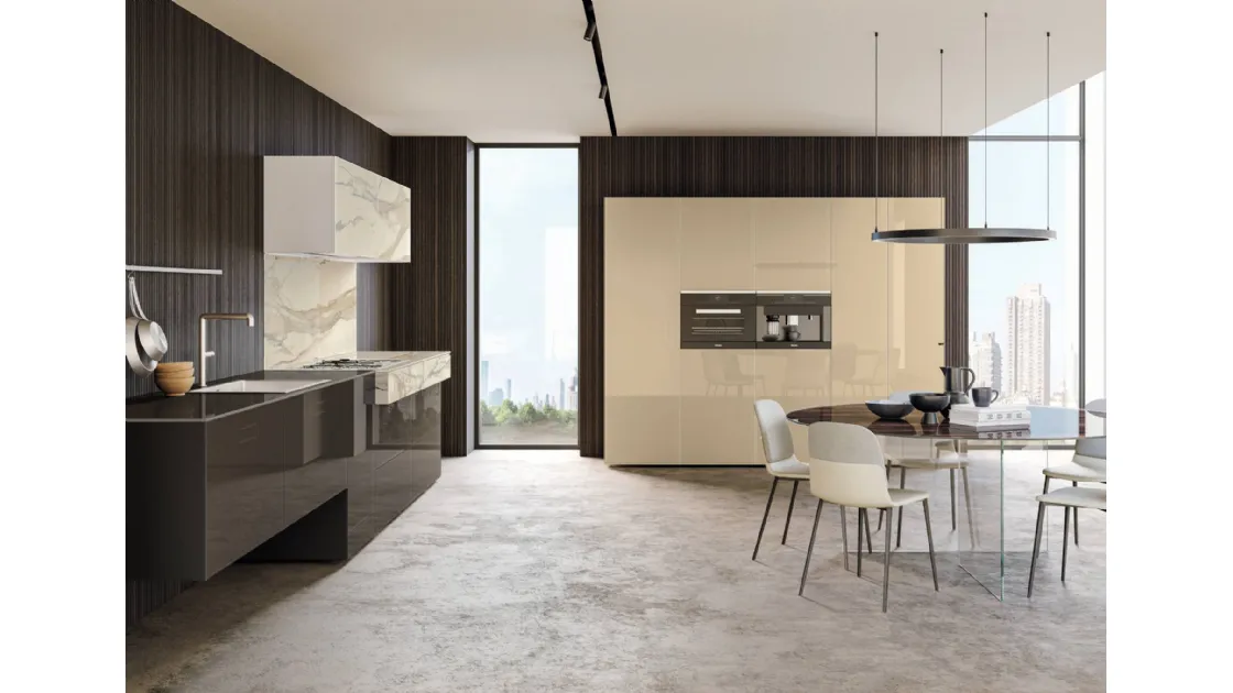 Cucina Design ad angolo in vetro e marmo 36e8 Marble XGlass 1090 di Lago