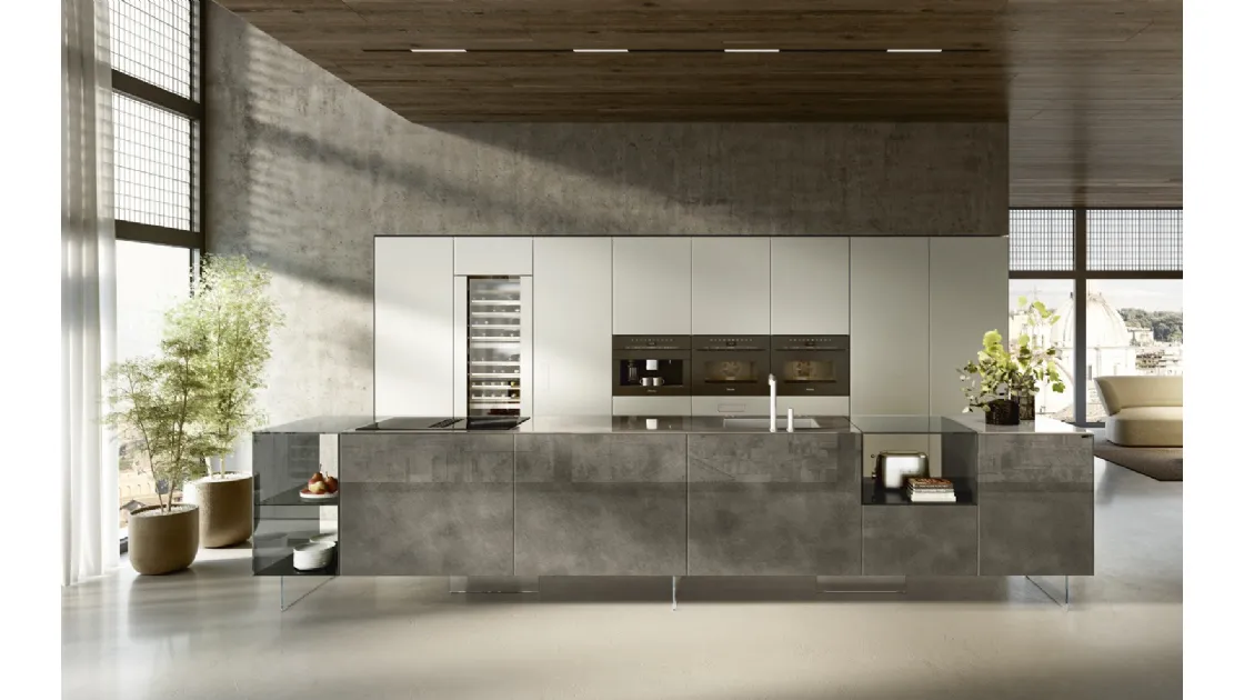 Cucina Design con isola 36e8 Project 2812 in vetro di Lago