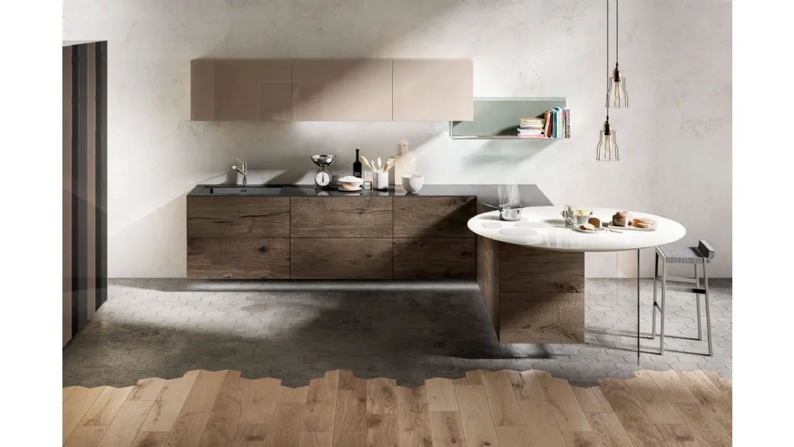 Cucina Design Air in legno con penisola in vetro con fuochi integrati di Lago