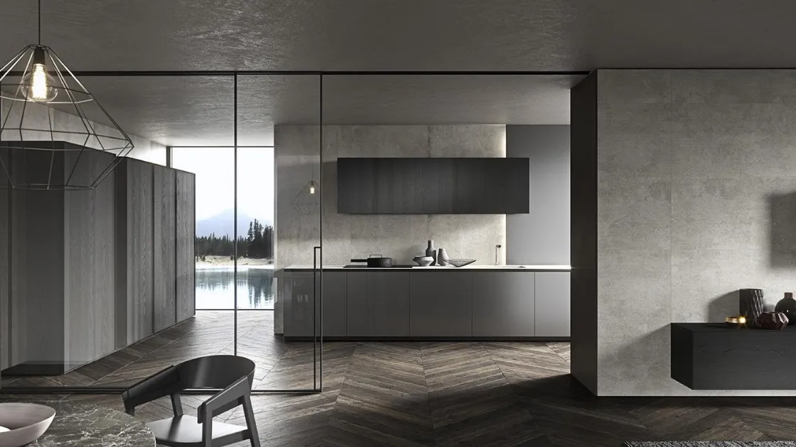 Cucina Design Skill finitura Leaf Metal Cool Grey e Rovere Fumo Raw con top in Gres City Stone Panel di Modulnova